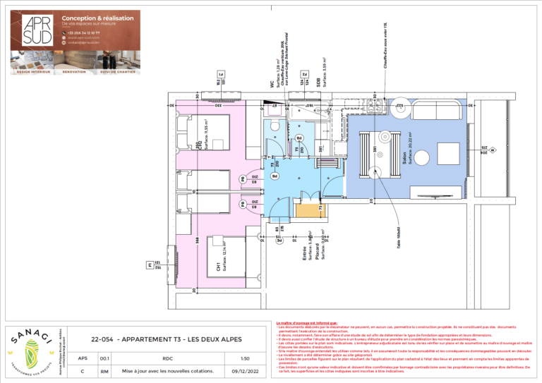 Plan d'agencement avec les dimensions des différents murs, cloisons, menuiseries, escaliers, mobiliers, etc.